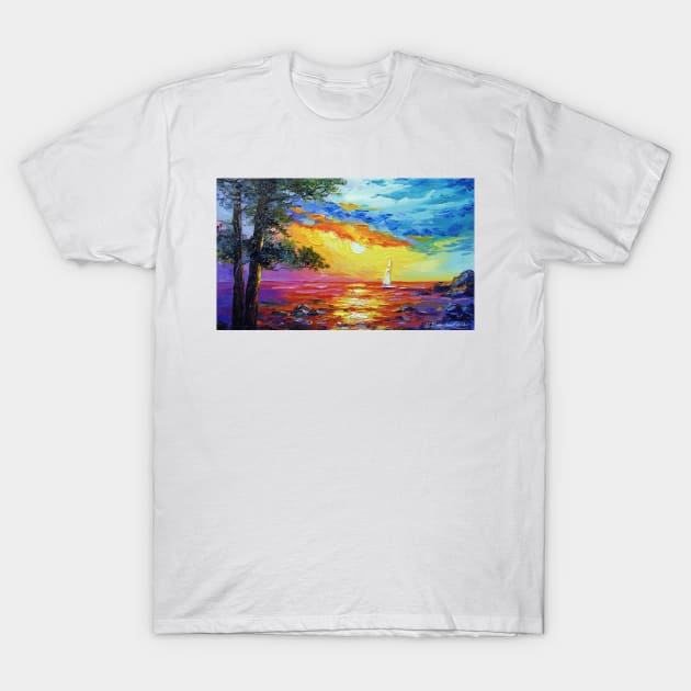 Sailboat at sunset T-Shirt by OLHADARCHUKART